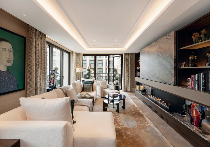 Reception room with fireplace and built-in shelving