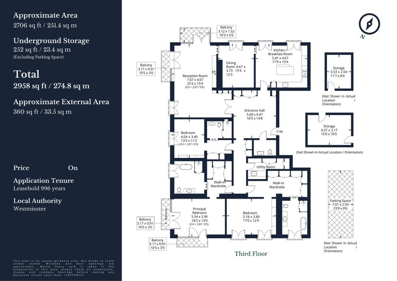 Floorplan: third-floor three-bedroom apartment, Chelsea Barracks