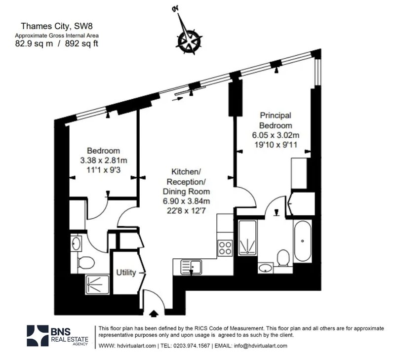 Floorplan: Thames City SW8, two bedrooms, approx. 892 sq ft