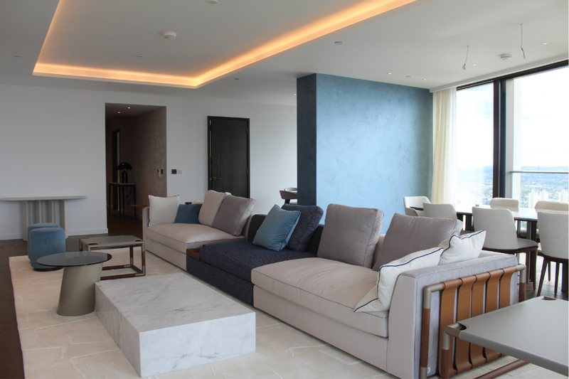 Reception room with blue feature wall