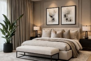 Finished bedroom in soft neutrals with an upholstered bed and framed artworks