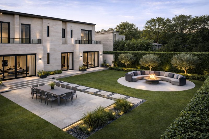 Stone-clad villa at Murjan One at dusk with a lit garden terrace