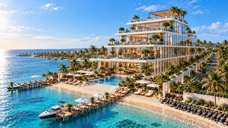 Terraced waterfront building at The Cove with a pool and jetty