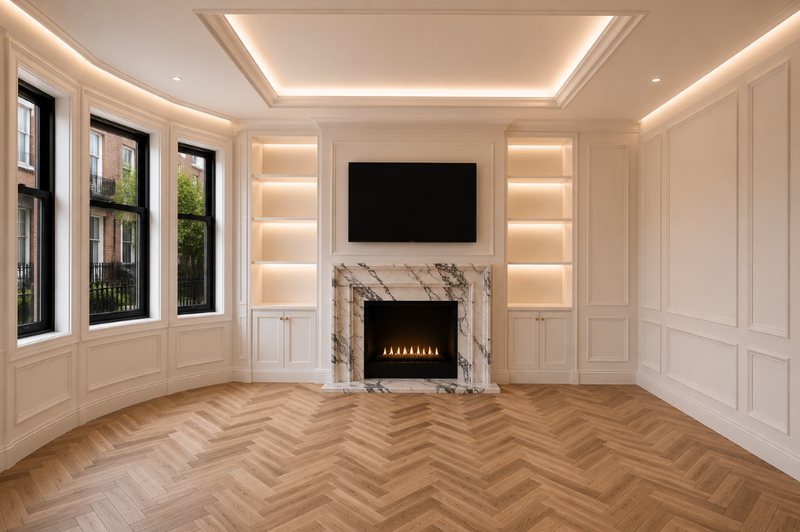 Panelled living room at Wilbraham Mansions with a marble fireplace and herringbone floor
