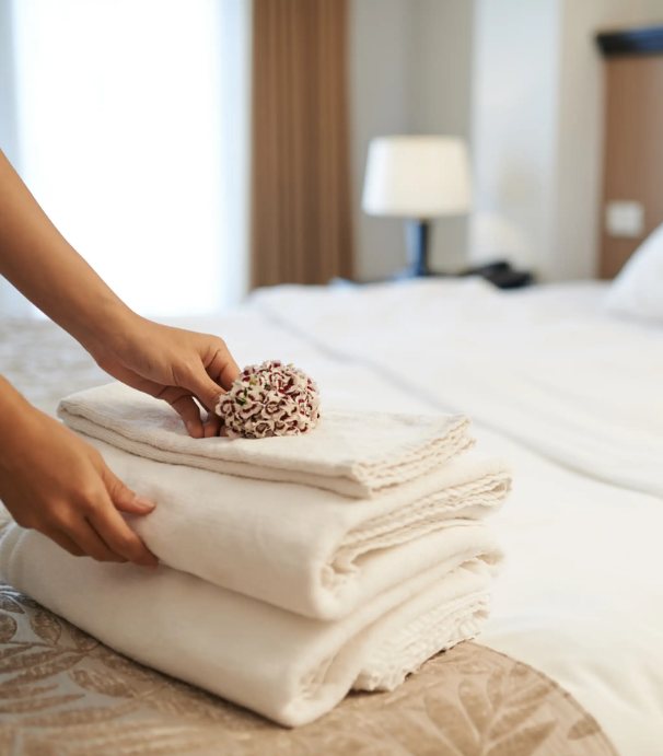 Freshly folded towels being placed on a made bed