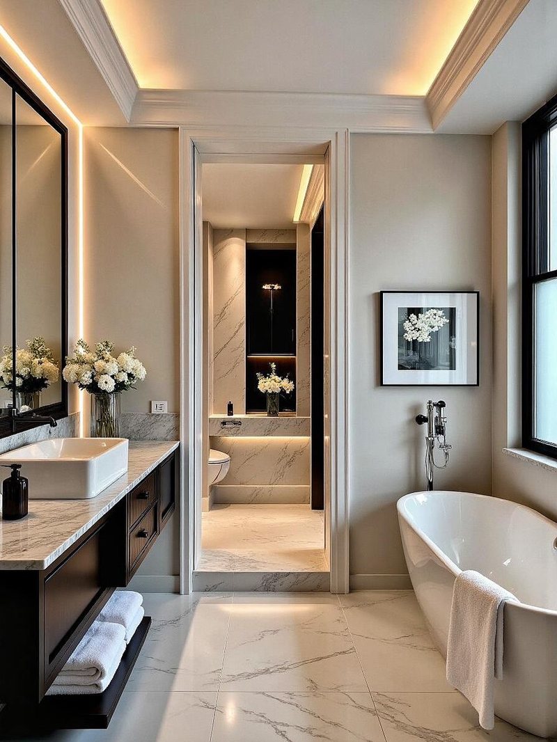 Marble bathroom with a freestanding bath and a double vanity