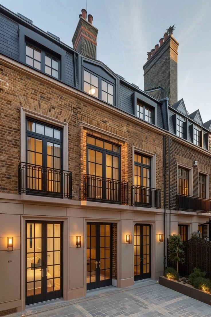 Row of London brick townhouses with tall lit windows and black balconies