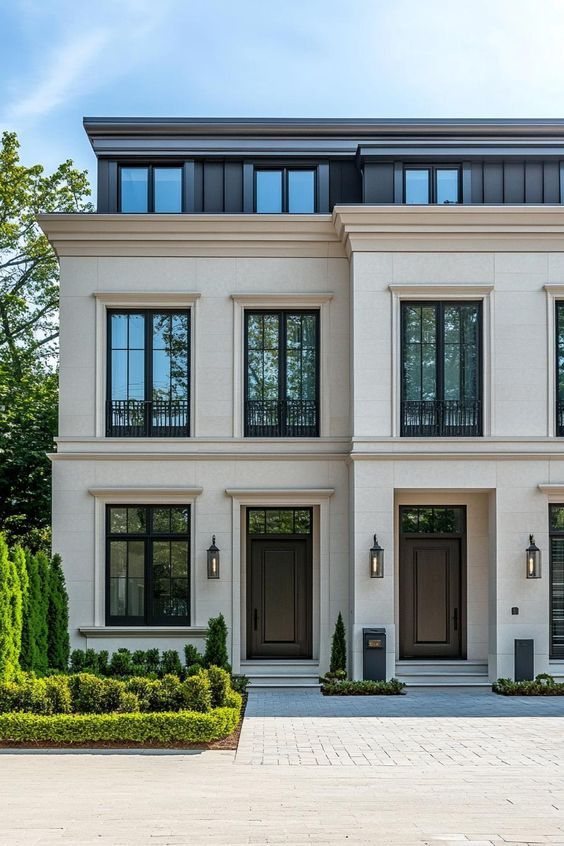 Pale stone London townhouses with black windows and clipped hedges